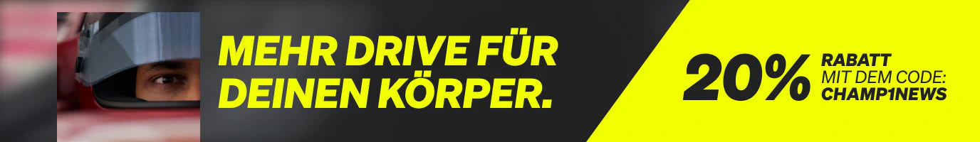 Nahaufnahme einer Person mit Rennhelm auf der linken Seite, mit deutschem Text "Mehr Drive für deinen Körper" und "20% Rabatt mit dem Code: CHAMPIMNEWS".