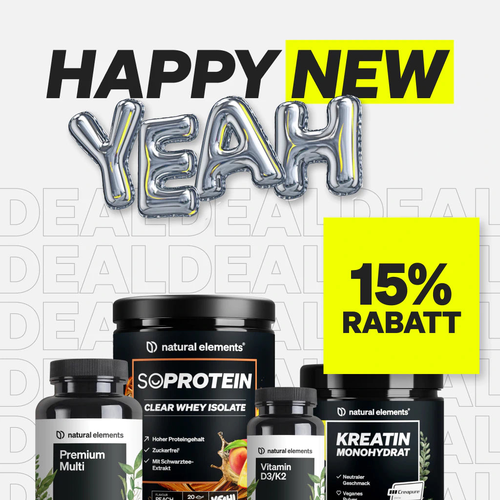 Verschiedene natürliche Elemente mit "Happy New Year"-Text und silbernen Ballonbuchstaben, die für ein 15%-Rabattangebot werben.